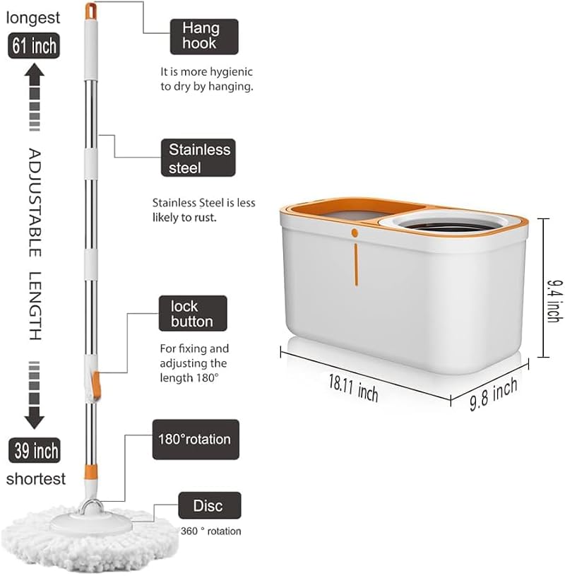 White & Orange 61-Inch Spin Mop and Bucket Set with 5 Refills, Wringer System