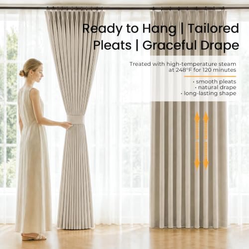 Blackout Linen Curtains 40x108 Inches Set of 2 - Oatmeal Pinch Pleated Bedroom Drapes
