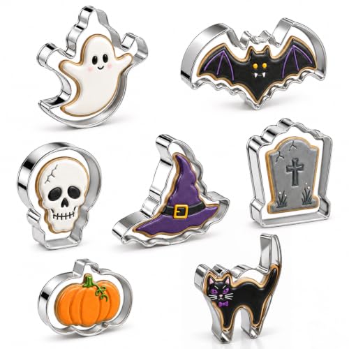 Halloween Cookie Cutter Set 7-Shape Weenkilly Witch Hat Pumpkin Black Cat Ghost Bat Skull Tombstone Variation Halloween