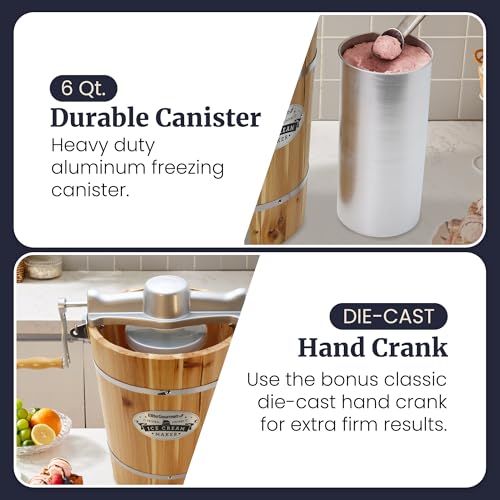 Elite Gourmet 6Qt Old Fashioned Wooden Bucket Ice Cream Maker - Hand Crank & Electric