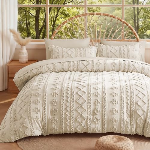 Queen Comforter Set 7 Pieces - Beige Boho Tufted Bedding with Microfiber