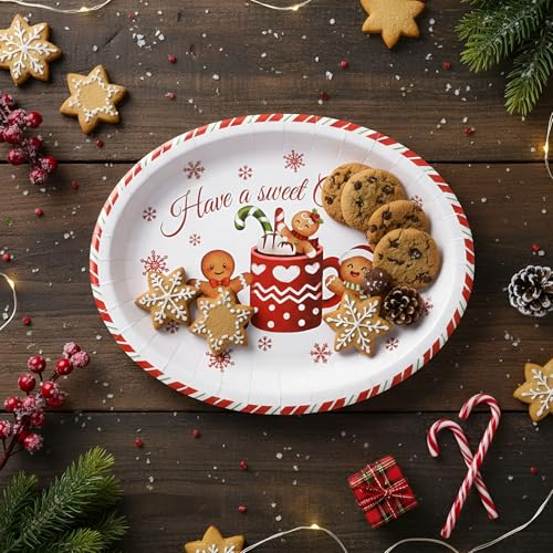 Pajean 100 Pcs Christmas Gingerbread Man Paper Plates 9 x 11 Inches - Holiday Party Supplies