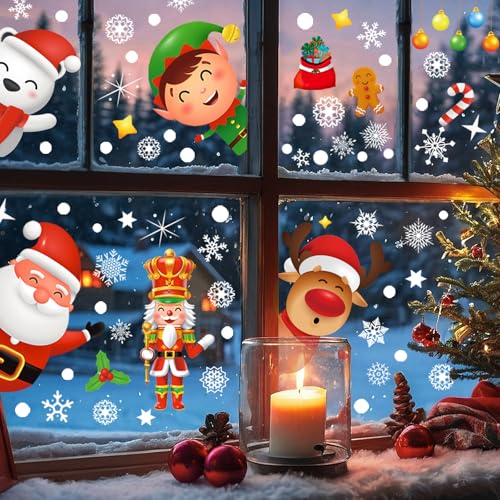 9 Sheets 200+Pcs Christmas Window Stickers Xmas Decals for Glass Snowflake Santa Claus Reindeer Christm Tree Window Cling Sticker for Decorations