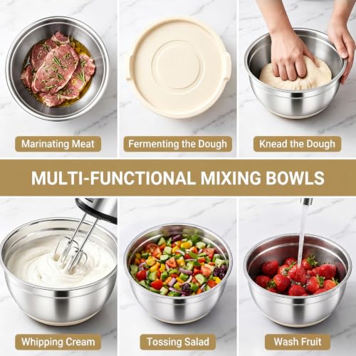 21-Piece Khaki Mixing Bowls Set with Lids, Non-Slip Base & Graters - Nesting Stainless Steel Kitchen Bowls