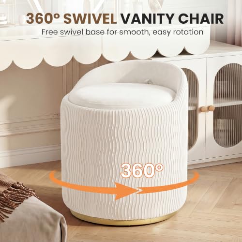 White Velvet Vanity Chair with Storage & 360° Swivel - Set of 1