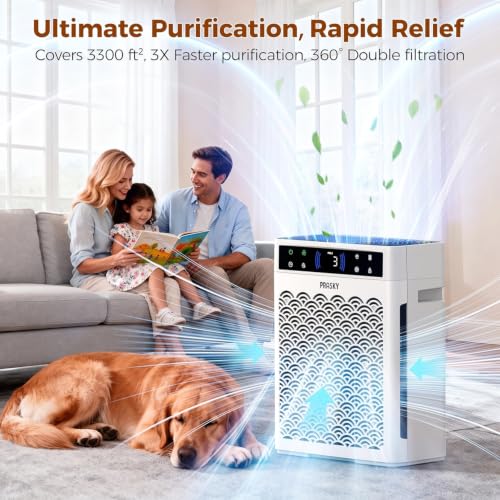 White Large Room Air Purifier for 3300 sq ft with HEPA Carbon Filter and Real-Time PM2.5 Detection