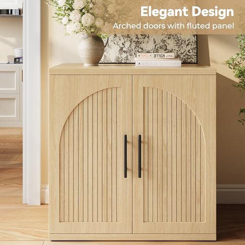 Oak Fluted Buffet Cabinet with Adjustable Shelves - 31.5" Modern Sideboard Credenza
