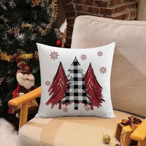 Merry Christmas Red Throw Pillow Covers 18 x 18 Inch Set of 4 Christmas Joy Xmas Trees Winter Holiday Cushion Case for Sofa Couch Home Decor
