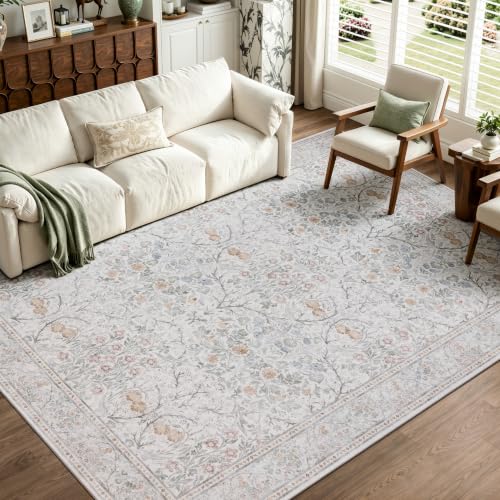Beige 5x7 Area Rug with Floral Pattern - Washable Faux Cashmere Living Room Carpet - JOLLYVOGUE Variation