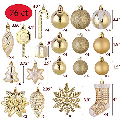 Golden 76ct Christmas Tree Ornaments Set - Shatterproof Plastic Holiday Balls & Assorted Decorations (Sattiyrch, Golden)