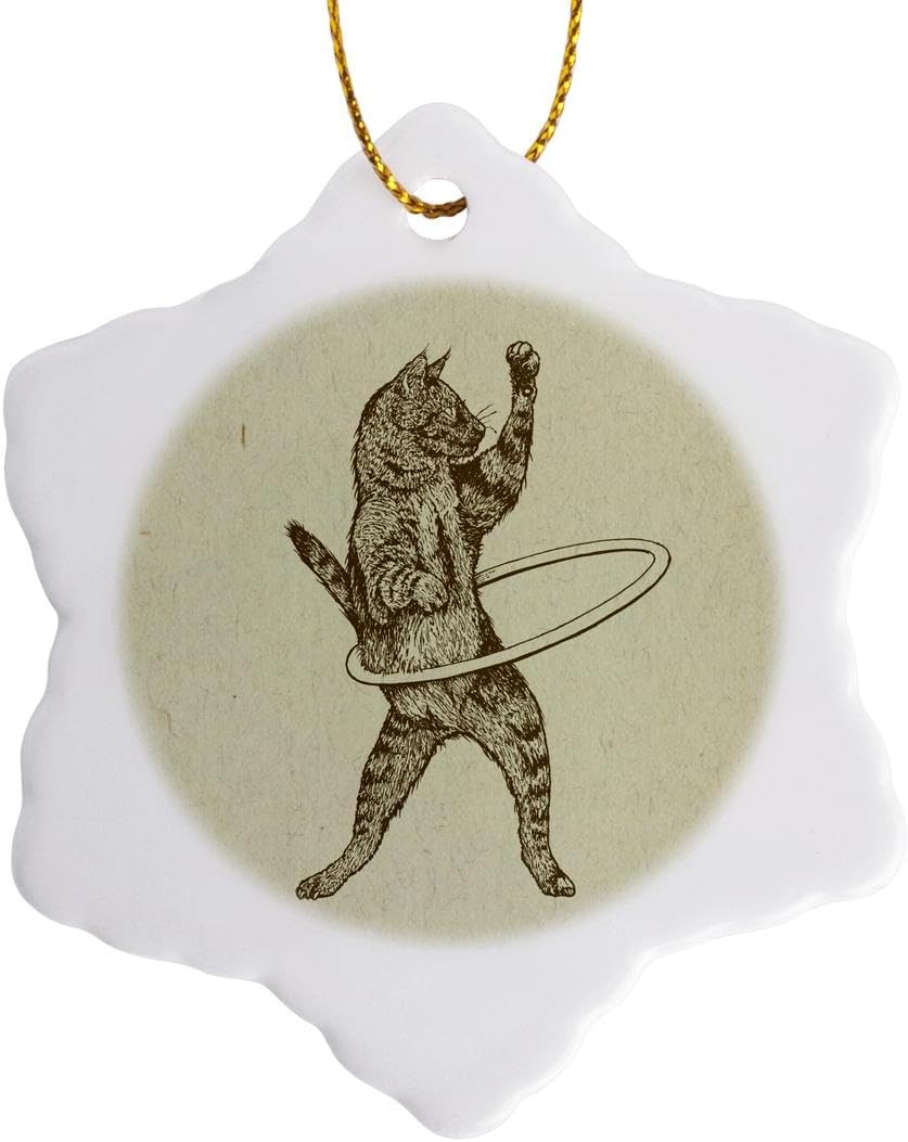 Hula Kitty Snowflake Ornament - 3-Inch Porcelain Cat Hooping Design