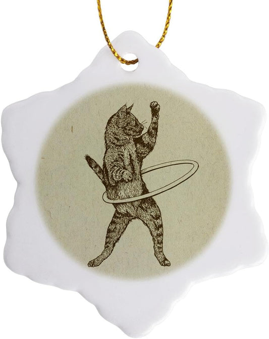 Hula Kitty Snowflake Ornament - 3-Inch Porcelain Cat Hooping Design