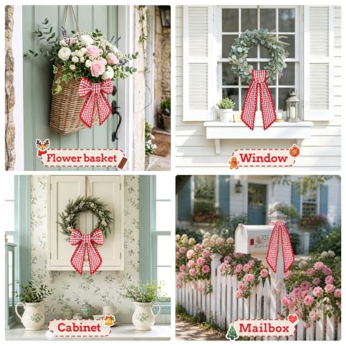 HOMEBROS Red and White Plaid Wreath Sash with Trim, 56" Front Door Decor