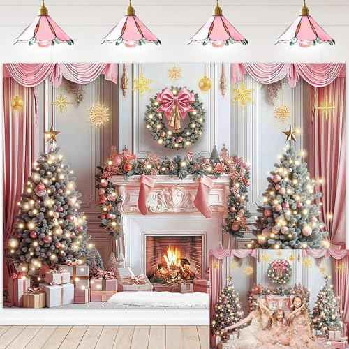 Pink Christmas Backdrop for Photography Pink Christmas Tree Fireplace Background for Winter Xmas Holiday Family Party Decoration Banner Photo Studio Props Pictures (7x5FT: 84x60 inch)