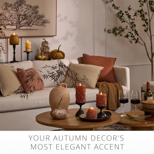 Caramel Cafe Flameless Pillar Candle 3.5x6.5 Inch Embossed Leaves Autumn Decor with Timer