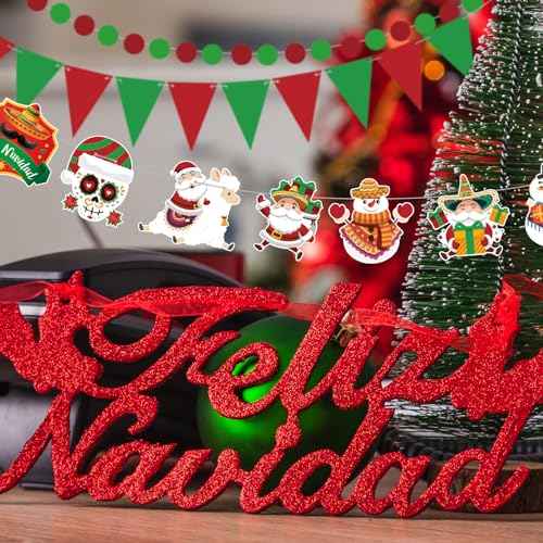 5 Pieces Feliz Navidad Banner Mexican Christmas Decorations Red Green Spanish Christmas Banner Merry Christmas Bunting for Xmas Holiday Party Office Indoor Home Decor