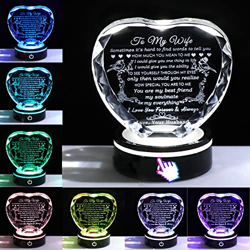 Personalized Crystal Heart Gift for Wife - Love Quote Keepsake with LED Light - Wedding Anniversary & Birthday Gift - Wife Gifts Variation of Wife Gifts
