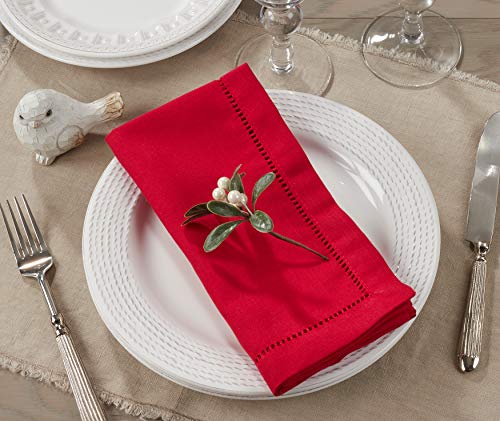 SARO LIFESTYLE Red 20x20 Set of 12 Classic Hemstitch Cloth Napkins for Dining