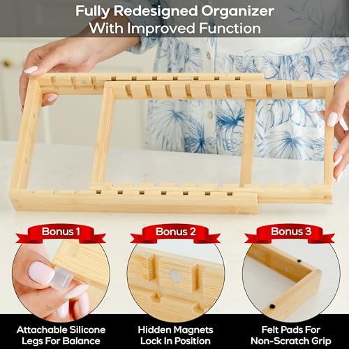 Expandable Bamboo Pot Lid Organizer with Magnetic Lock for Kitchen Cabinets