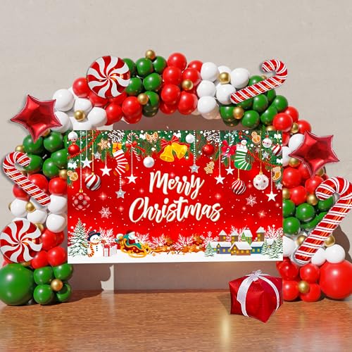 Christmas Balloon Arch Kit 162Pcs with Backdrop Banner - Red Green Gold White Candy Cane Balloons