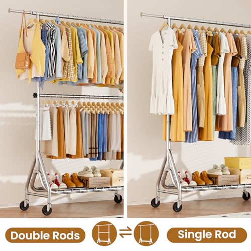 Heavy Duty Clothes Rack with Double Rods, Lockable Wheels, Shelving - Silver, 78 Inch
