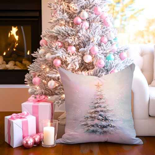Christmas Pillow Cover 18x18 ? Pastel Pink and Blue Christmas Tree Throw Pillow ? Dreamy Holiday Decor with Gold Star for Soft Aesthetic Winter Bedroom