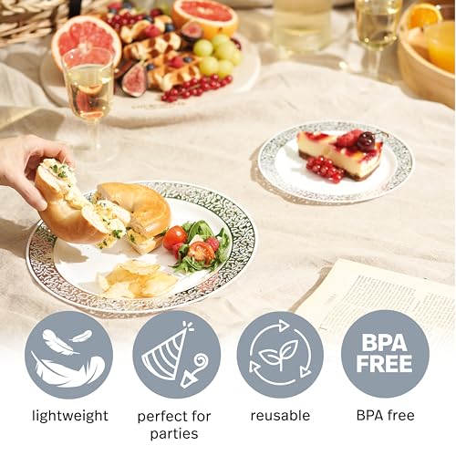 MATANA White & Silver 40-Piece Plastic Plate Set - Dinner & Salad, Reusable, Elegant