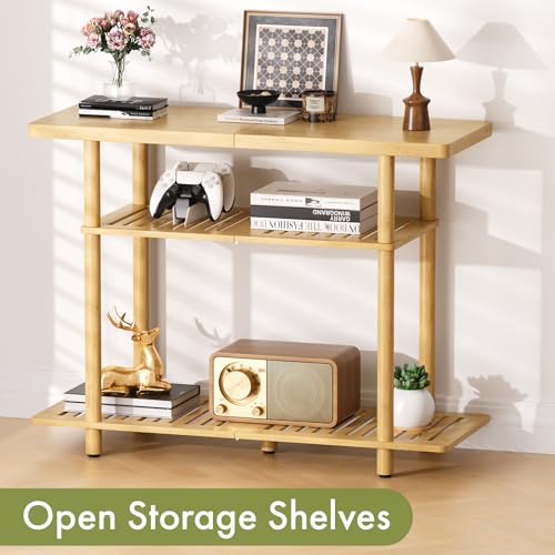 Natural Bamboo Small TV Stand for Up to 32 Inch - 3-Tier Entryway Console Shelf
