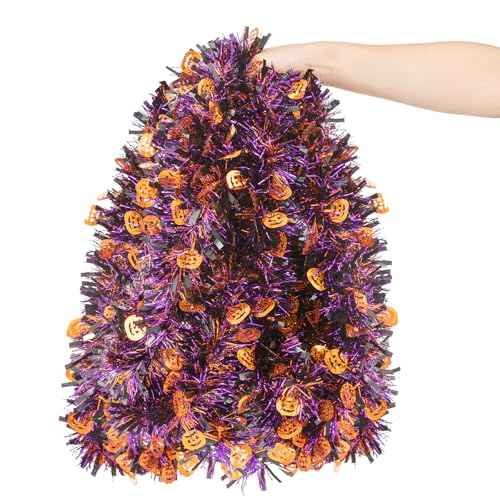 33FT Halloween Tinsel Garland, Black Orange Purple Metallic Twist Foil Tinsel Garland with Pumpkin Ornament Shiny Pumpkin Hanging Garland for Halloween Party Indoor Outdoor Decoration
