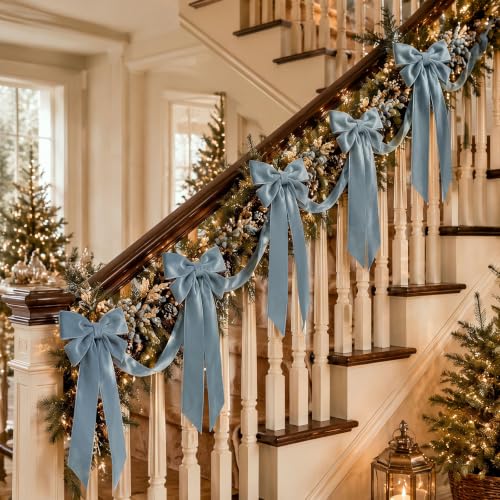 Dusty Blue Velvet Christmas Bow Garland 10 ft for Mantle Decor, Holiday Home Decoration