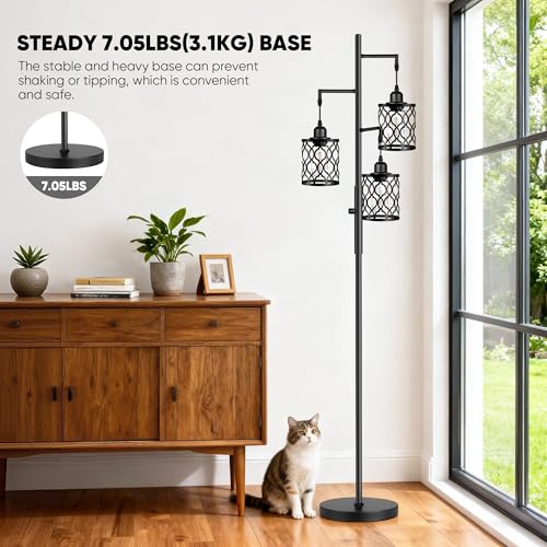 Dimmable Farmhouse Floor Lamp with 3 LED Bulbs - Rustic Industrial Standing Light, Black, 68 Inches