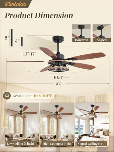 Fanbulous Black 52 Inch Farmhouse Ceiling Fan with Light & Remote – Reversible 6-Speed Industrial Flush Mount with Dual Finish 5 Blades