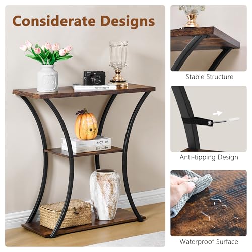 Hoctieon Rustic Brown Black 3-Tier Console Table with Open Shelves, Entryway & Sofa Table