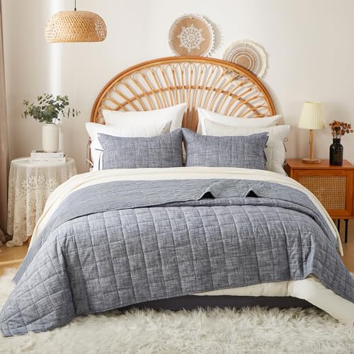 Denim Blue King Size Quilt Set - 3 Pieces Cotton Bedspread with Pillow Shams