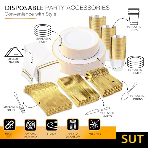 SUT White Gold Disposable Dinnerware Set 350PCS for 50 Guests – Elegant Plates & Utensils
