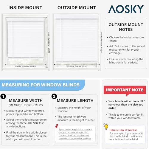 AOSKY 2-Inch Cordless Faux Wood Blinds White 34" W x 60" H — Inside Mount