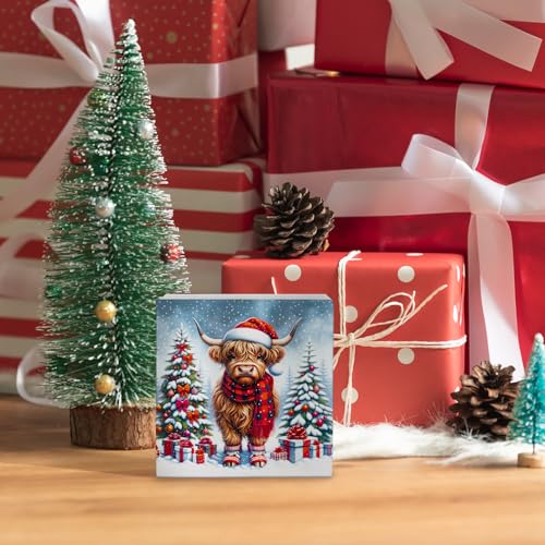 Nvotell Christmas Highland Cow Wooden Sign 5x5in - Western Highland Cow Box Sign, Christmas Cow Lovers Gift (Variation: Christmas Cow 07)