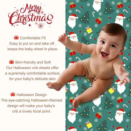 Christmas Crib Sheet for Baby Boys Girls 52 x 28 Inches Santa Claus Fitted Crib Sheets for Standard Crib and Toddler Mattress,Baby Sheet Newborn Bedding Nursery Mattress Cover Soft Green Fitted Sheet