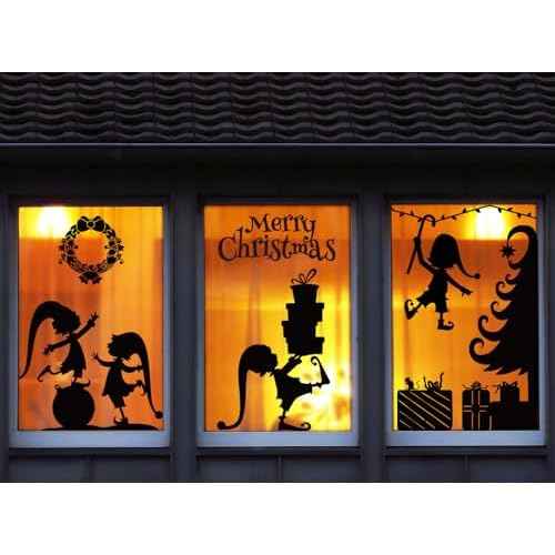 2 Sheets Christmas Silhouette Window Clings Black Xmas Tree Elves Gift Box Reusable Window Decals for Home School Office Winter Party Supplies
