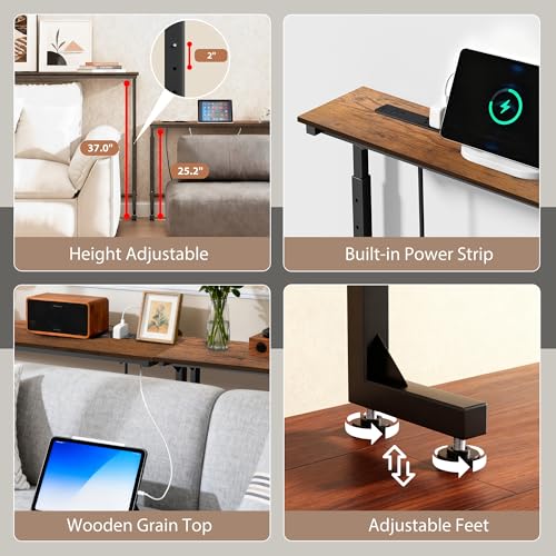 Keelian 78-Inch Adjustable Height Behind Couch Table with Outlets - Rustic Brown Sofa Console
