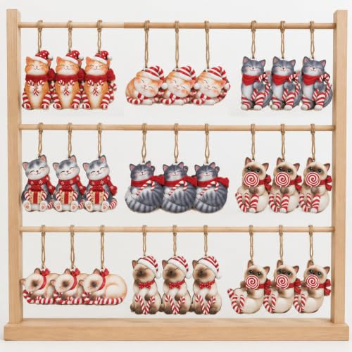 Conelist Cat Christmas Ornaments - 27 Pack Holiday Cat Decorations with Candy Cane, Santa Hat & Winter Designs