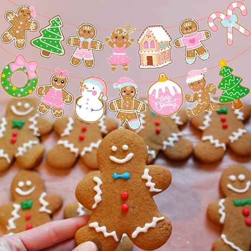 2PCS Gingerbread Party Banners Christmas Gingerbread Man Decorations Pink Gingerbread Party Cutout Banners for Winter Christmas Holiday Party Supplies
