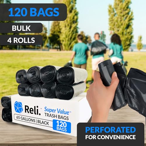 Heavy Duty 65 Gallon Trash Bags with Twist Ties - Leakproof 120 Count