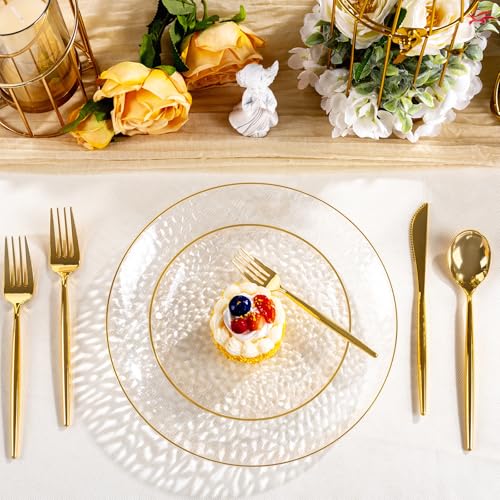Clear Gold Hammered Plastic Dessert Plates & Forks Set - 240 Pcs Party Tableware