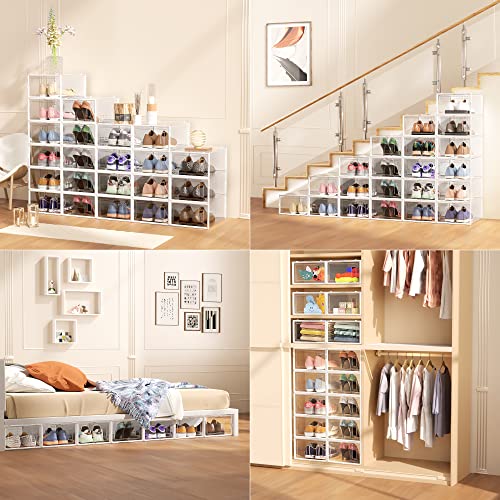 Large Stackable Clear Plastic Shoe Storage Organizer with Front Door - White