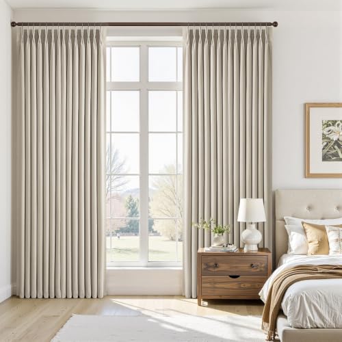 Blackout Linen Curtains 40x108 Inches Set of 2 - Oatmeal Pinch Pleated Bedroom Drapes