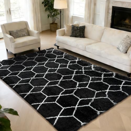 Black and White 5x8 Shag Area Rug for Bedroom & Living Room - Fluffy, Non-Slip