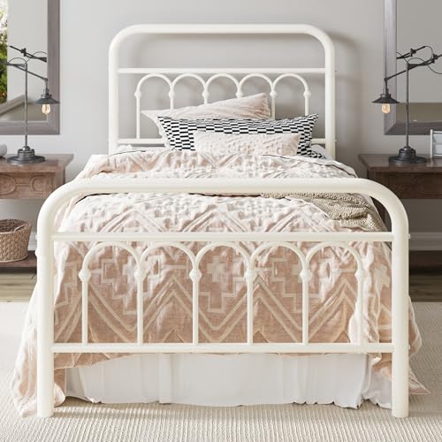Allewie Twin Size Cream Metal Platform Bed Frame with Headboard - Victorian Style