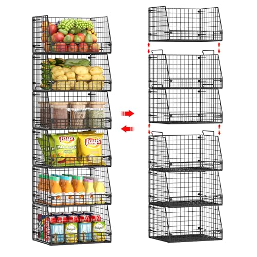 Stackable Wire Pantry Baskets 6 Pack with Variation - Space Saving Kitchen Storage