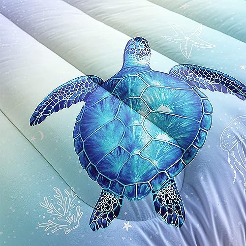 DYcolor 3D Aqua Blue Reptile Turtle Ocean Life Bedding Quilt, 3-Piece Under Sea Animal Starfish Turtle Comforter Set with 1 Comforter and 2 Pillow Cases for Kids, Teens, Adult (04, Queen)